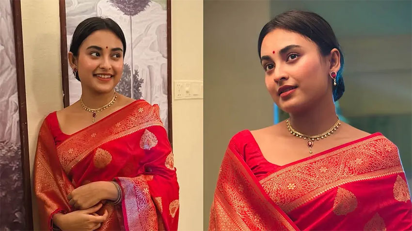 লাল শাড়িতে তটিনীর চোখজুড়ানো রূপ